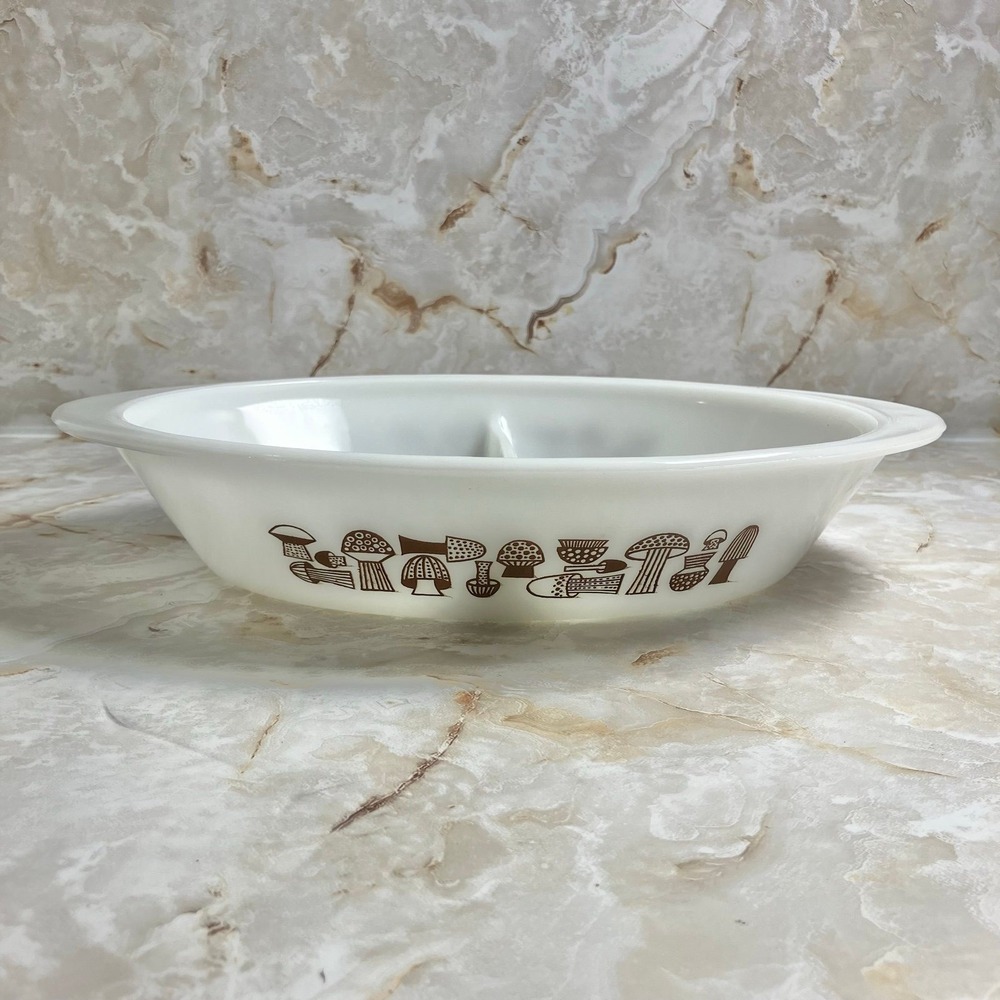VTG Glasbake J2352 Brown Mushroom Oval Divided Milk Glass Casserole Serving Dish